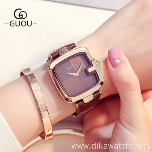 2021 New GUOU 8190 Women's Watch Square Watchwrist Trend Simple Leather Quartz Ladies Watches